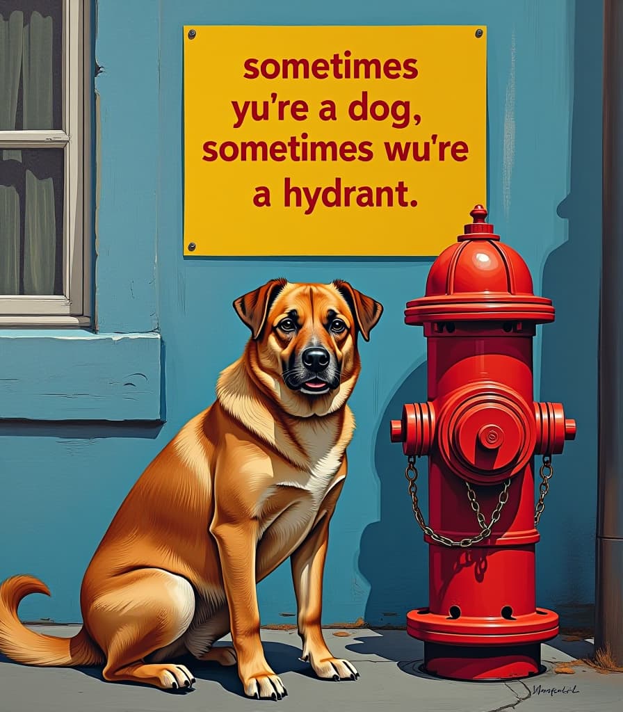  pop art style (masterpiece, oil painting), a dog sitting by a fire hydrant by the road , above a poster written in bold large print “sometimes you're a dog, sometimes you're a hydrant”, close up, high resolution, high detail . bright colors, bold outlines, popular culture themes, ironic or kitsch hyperrealistic, full body, detailed clothing, highly detailed, cinematic lighting, stunningly beautiful, intricate, sharp focus, f/1. 8, 85mm, (centered image composition), (professionally color graded), ((bright soft diffused light)), volumetric fog, trending on instagram, trending on tumblr, HDR 4K, 8K