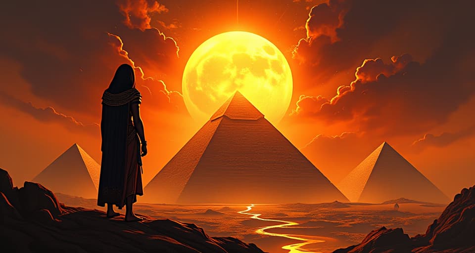  a blazing sun rising over pyramids, golden rays scattering darkness, symbolizing disbelief as fuel for ascension. the style is digital art illustration / modern comic book / mysterious occult, symbolic, esoteric vibe,high detail on character design, incorporating ancient egyptian symbology and attire.