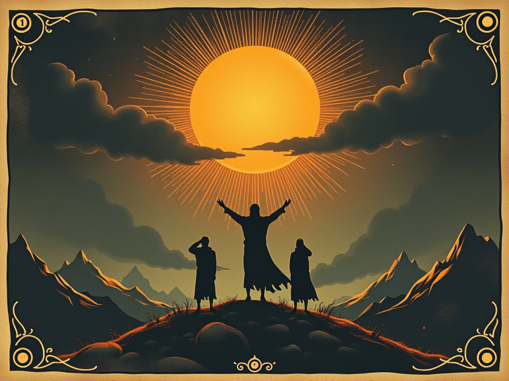  a blinding sun rising over a dark landscape, figures below shielding their eyes, contrast between light and dark, overwhelming radiance, triumph. an illustration in the style of a worn, mystical old tarot trump card, mysterious and elements of surrealism. the colors are muted, somber and eerie, but with contrast bring out an occult and esoteric vibe.