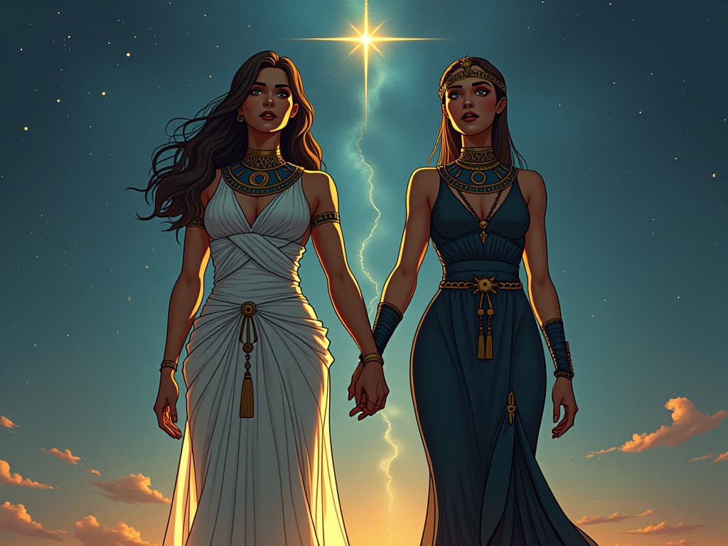  two large busted women, one in a sheer gown, the other in tight fitting dress, standing under a celestial sky filled with stars, holding hands, exuding an aura of deep connection and understanding, symbolizing vision beyond the surface. the style is digital art illustration / modern comic book / mysterious occult, symbolic, esoteric vibe,high detail on character design, incorporating ancient egyptian symbology and attire.