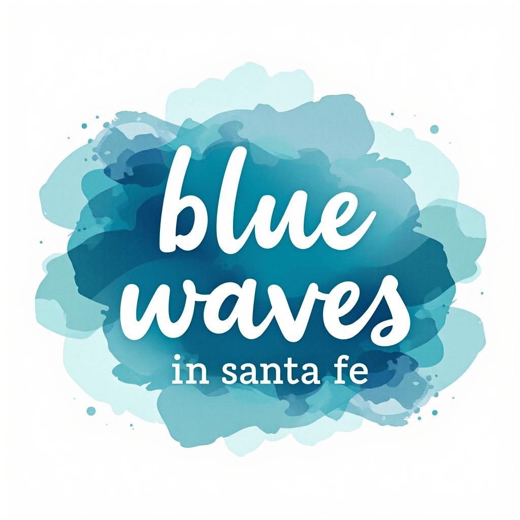  design a logo, watercolor style, logo, sea, blue teal colors, white background, with the text 'blue waves in santa fe'.