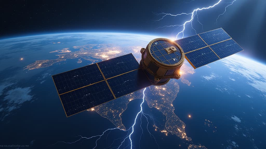  create a hyper realistic and detailed image showcasing a futuristic weather satellite in space capturing lightning discharges on earth. the scene should feature the meteosat weather satellite with the lightning imager technology prominently displayed. the satellite should be equipped with four advanced cameras, capturing lightning activity over vast geographical areas like europe, africa, and south america. in the background, display a dramatic lightning storm covering the earth, emphasizing th