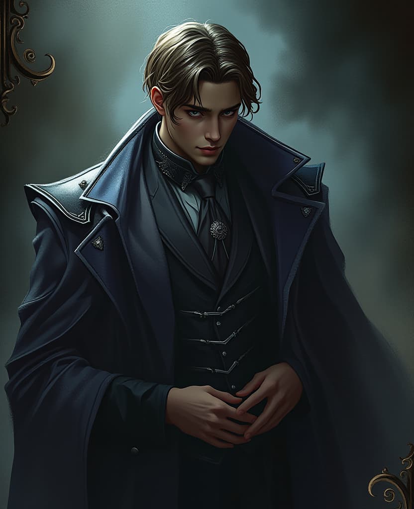  gothic style handsome young man, dark and mysterious, shadow master, master of shadows, living shadows, wisps of shadows, shadow wisps . dark, mysterious, haunting, dramatic, ornate, detailed