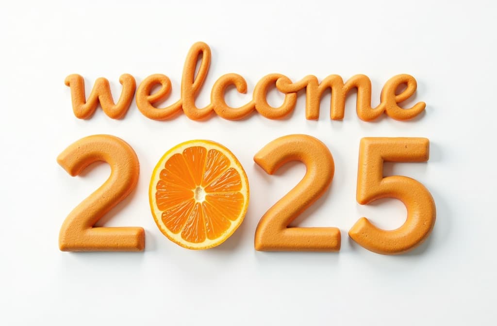  little volume letters “welcome to 2025” made ofginger biscuits , white background with mandarin slices, empty place around letters ar 3:2 {prompt}, maximum details