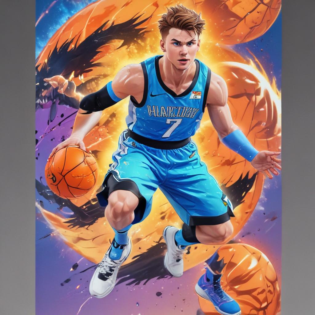 distance-shot, flashy, full-body, dynamic, holographic, animated cartoon poster of luka doncic in the style of dragon ball super