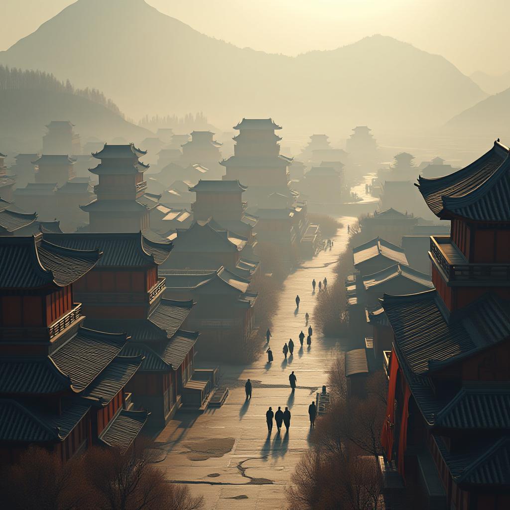  a visual of what a place in northwestern china looked like during the qing dynasty. the visual should include a lot of historical and cultural elements. it should also be a city view. hyperrealistic, full body, detailed clothing, highly detailed, cinematic lighting, stunningly beautiful, intricate, sharp focus, f/1. 8, 85mm, (centered image composition), (professionally color graded), ((bright soft diffused light)), volumetric fog, trending on instagram, trending on tumblr, HDR 4K, 8K