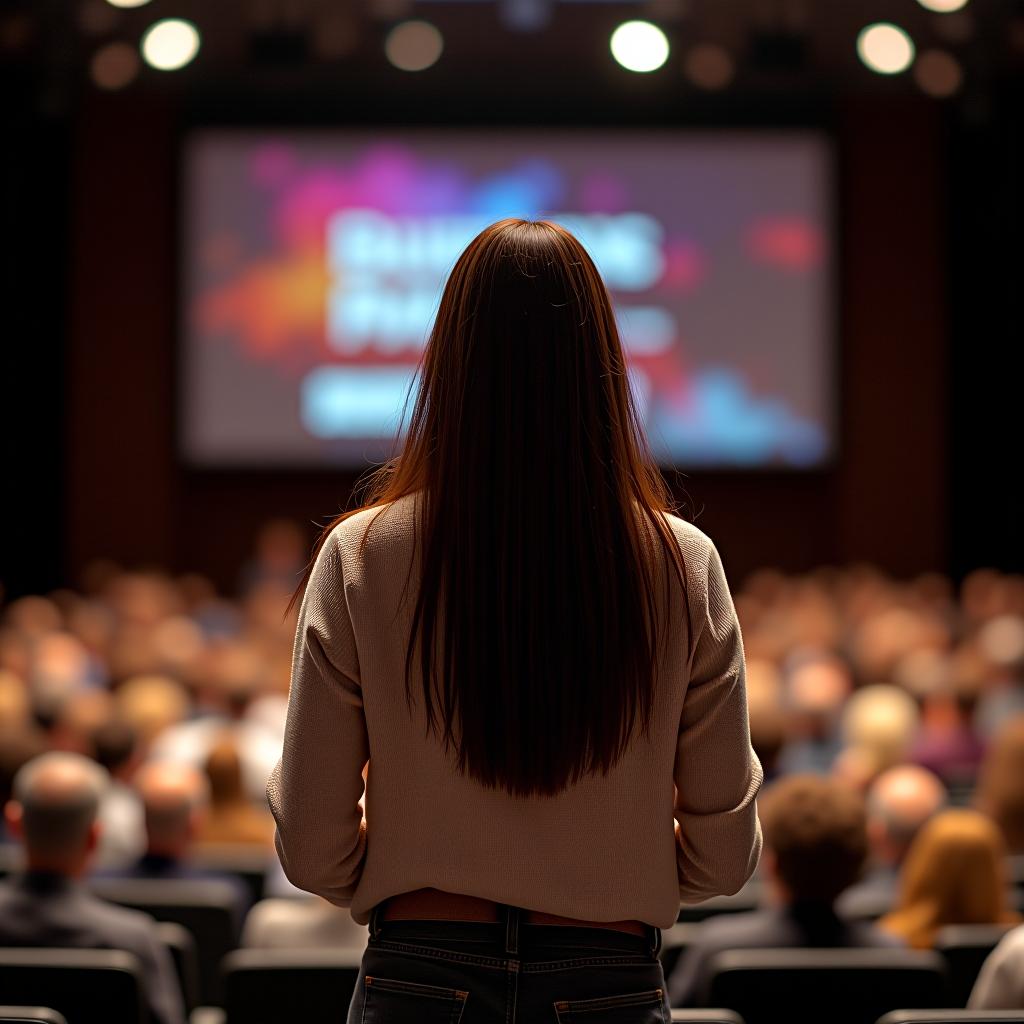  a brunette girl is giving a lecture on stage, standing with her back to the camera in front of a full audience.