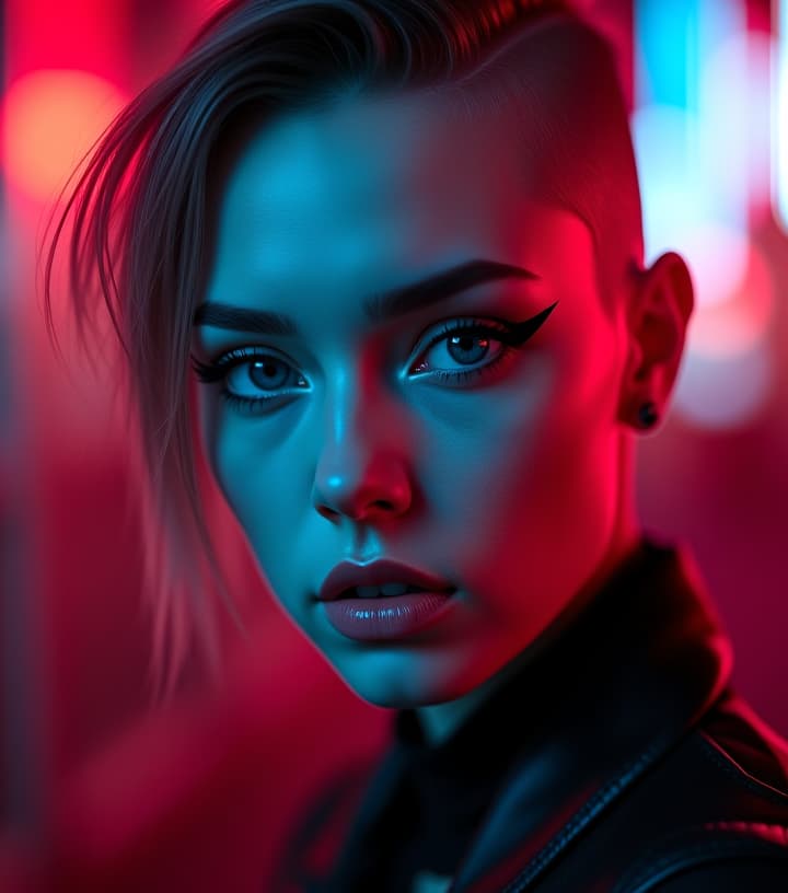  ultra realistic close up portrait ((beautiful pale cyberpunk female with heavy black eyeliner)), blue eyes, shaved side haircut, hyper detail, cinematic lighting, magic neon, dark red city, canon eos r3, nikon, f/1.4, iso 200, 1/160s, 8k, raw, unedited, symmetrical balance, in frame, 8k hyperrealistic, full body, detailed clothing, highly detailed, cinematic lighting, stunningly beautiful, intricate, sharp focus, f/1. 8, 85mm, (centered image composition), (professionally color graded), ((bright soft diffused light)), volumetric fog, trending on instagram, trending on tumblr, HDR 4K, 8K