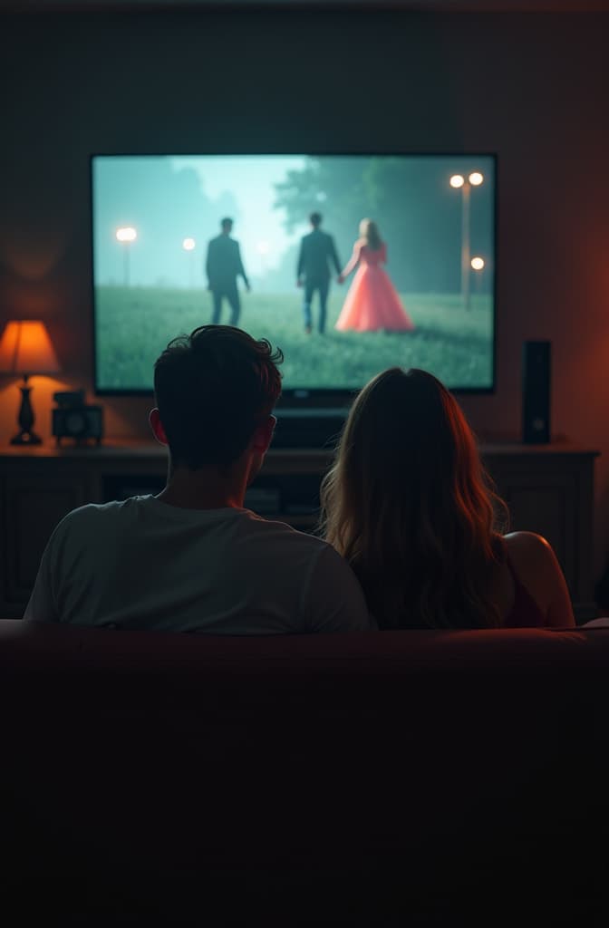  a tv with some films, in de back a man and a woman on a couch hyperrealistic, full body, detailed clothing, highly detailed, cinematic lighting, stunningly beautiful, intricate, sharp focus, f/1. 8, 85mm, (centered image composition), (professionally color graded), ((bright soft diffused light)), volumetric fog, trending on instagram, trending on tumblr, HDR 4K, 8K