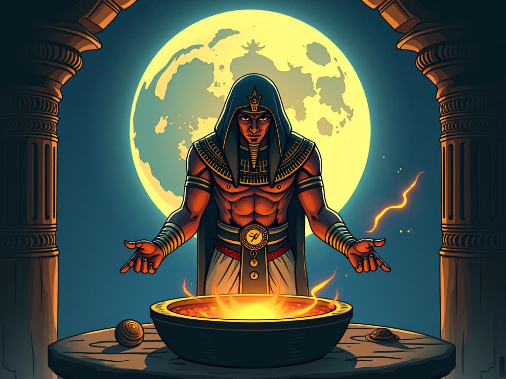  alchemical forge under the full moon, with glowing symbols of transformation, symbolizing turning uncertainty into opportunity. the style is digital art illustration / modern comic book / mysterious occult, symbolic, esoteric vibe,high detail on character design, incorporating ancient egyptian symbology and attire.