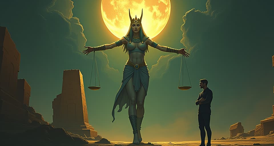  a large busted goddess with an intense aura, tipping the scales of ma'at, a figure nearby clutching at their heart, symbolizing disrupted balance. the style is digital art illustration / modern comic book / mysterious occult, symbolic, esoteric vibe,high detail on character design, incorporating ancient egyptian symbology and attire.