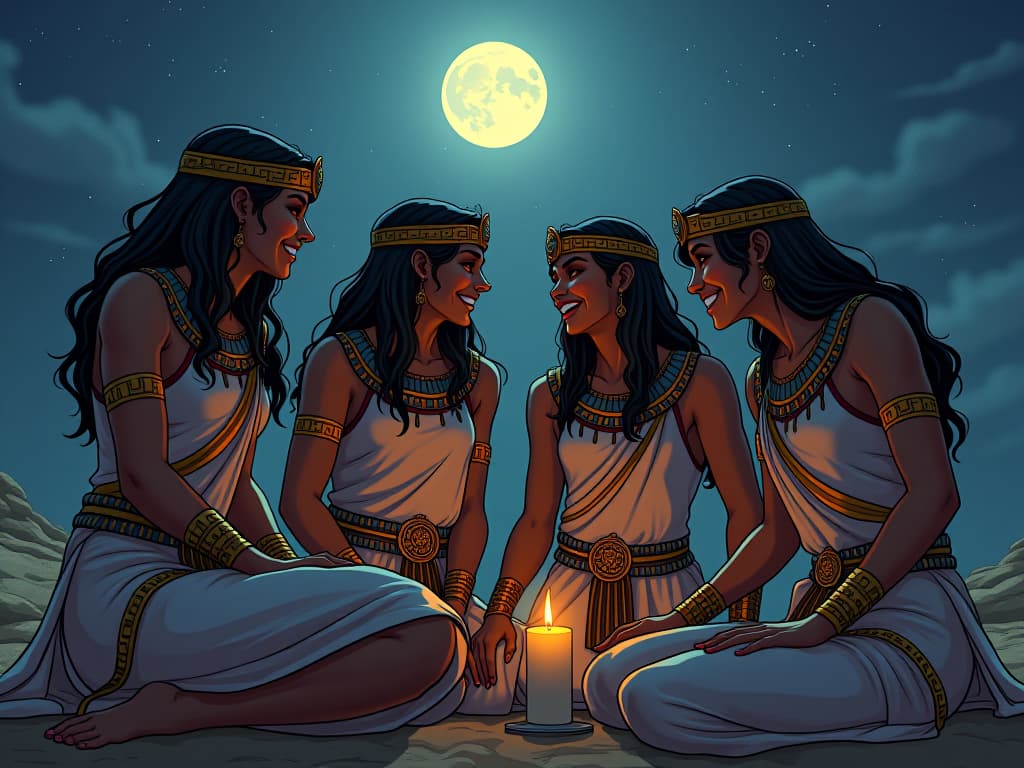  group of loyal friends, dressed in ancient egyptian clothing, sharing laughter and companionship under the moonlit sky. the style is digital art illustration / modern comic book / mysterious occult, symbolic, esoteric vibe,high detail on character design, incorporating ancient egyptian symbology and attire.