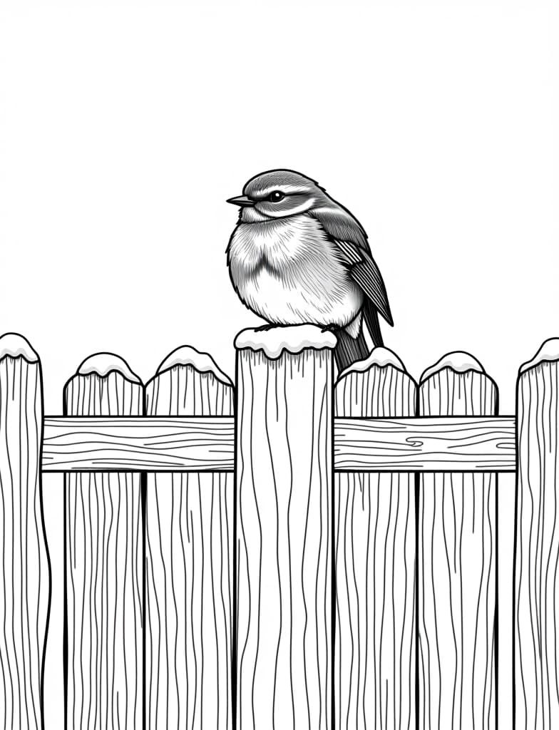  this is for an adult coloring page. a detailed black and white line art of a snowy snow covered fence with a robin perched on top on a solid white background.