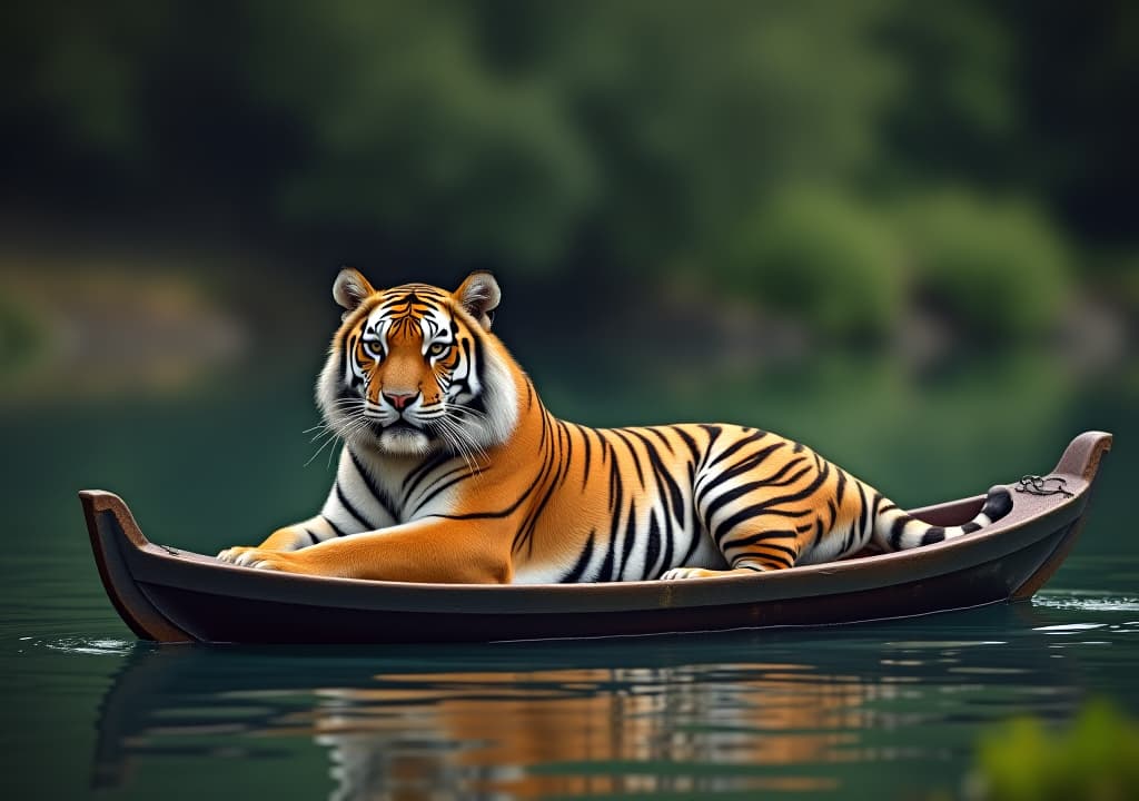  a tiger is laying on a boat in a river