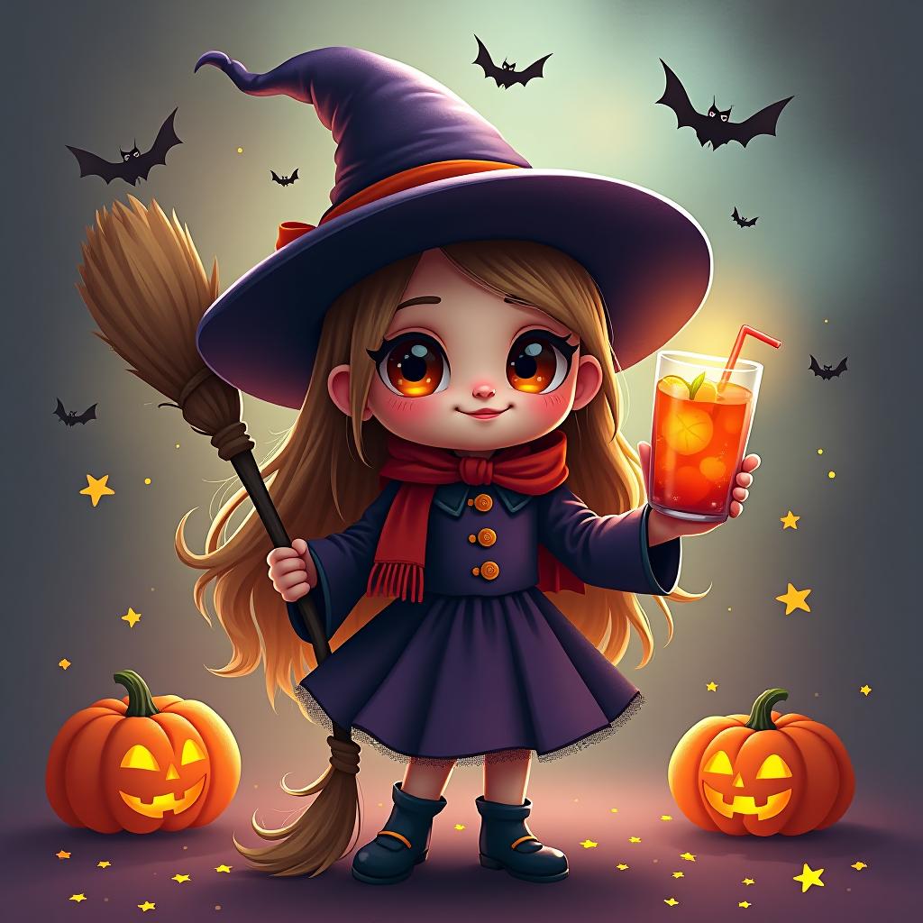  create a digital painting featuring a cute witch character. the witch should be wearing a hat. in one hand, the witch should hold a broomstick, and in the other hand, a halloween themed drink. the background should be colorful and include small black bats, pumpkins and stars to add a playful halloween touch. the overall style should be cute, whimsical, and colorful hyperrealistic, full body, detailed clothing, highly detailed, cinematic lighting, stunningly beautiful, intricate, sharp focus, f/1. 8, 85mm, (centered image composition), (professionally color graded), ((bright soft diffused light)), volumetric fog, trending on instagram, trending on tumblr, HDR 4K, 8K