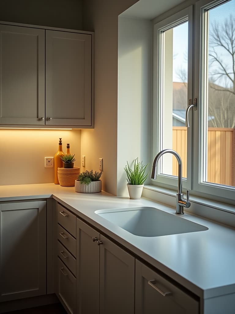  high quality portrait photo of a minimalist small kitchen with a large window, under cabinet lighting, and light colored countertops that extend to the windowsill, creating a bright and continuous surface hyperrealistic, full body, detailed clothing, highly detailed, cinematic lighting, stunningly beautiful, intricate, sharp focus, f/1. 8, 85mm, (centered image composition), (professionally color graded), ((bright soft diffused light)), volumetric fog, trending on instagram, trending on tumblr, HDR 4K, 8K