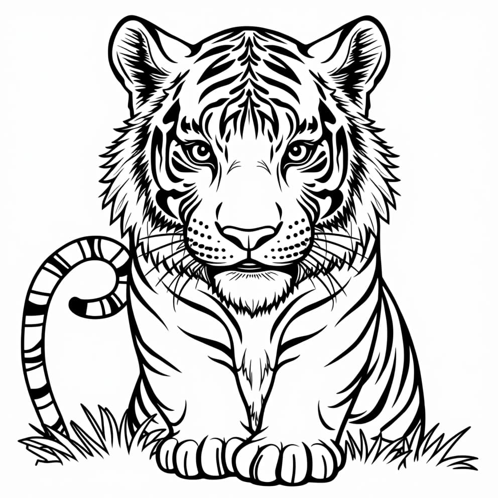  a coloring book page, white background, showing tiger