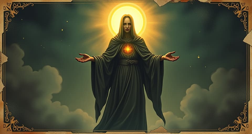  radiant figure glowing with an inner light, flowing robes, halo effect around the head, celestial backdrop, ethereal, luminous. an illustration in the style of a worn, mystical old tarot trump card, mysterious and elements of surrealism. the colors are muted, somber and eerie, but with contrast bring out an occult and esoteric vibe.