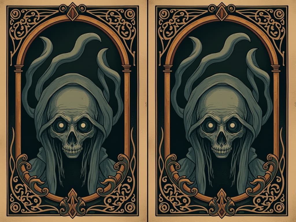  mirrors with sinister angles and dark, twisted reflections, shadows contorting unnaturally, heavy and foreboding atmosphere. an illustration in the style of a worn, mystical old tarot trump card, mysterious and elements of surrealism. the colors are muted, somber and eerie, but with contrast bring out an occult and esoteric vibe.