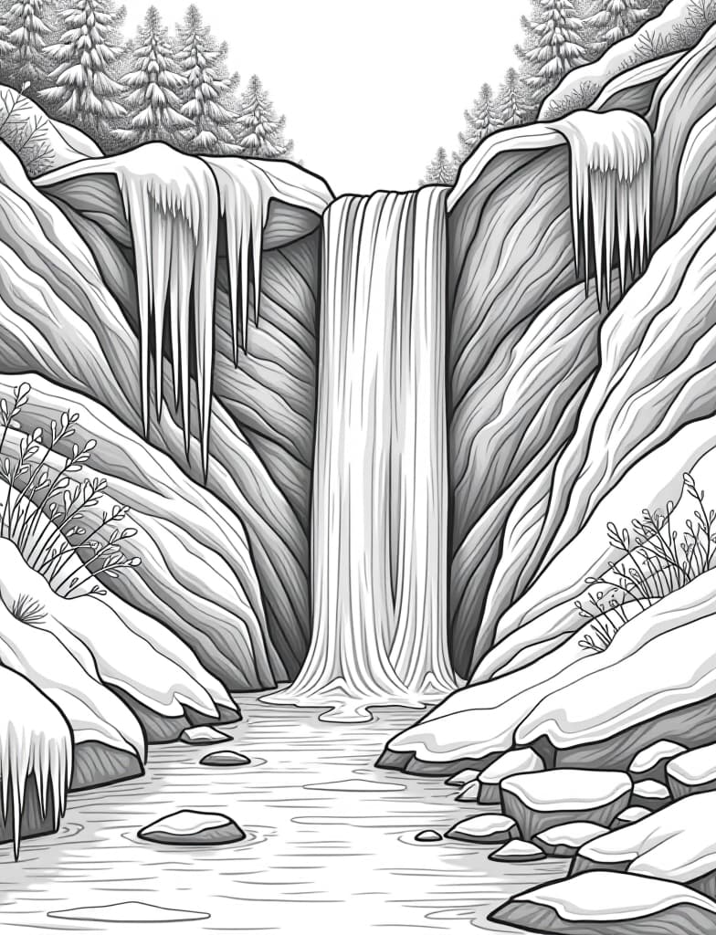  this is for an adult coloring page. a detailed black and white line art of a snowy frozen waterfall with icicles hanging from the rocks on a solid white background.