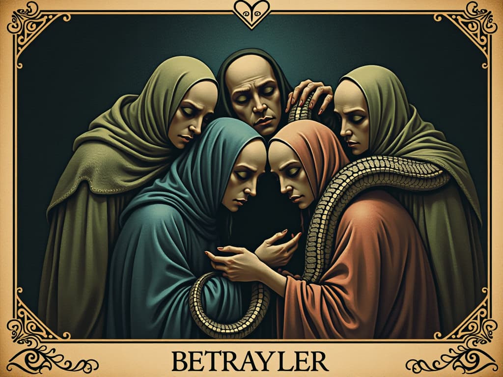  a group of figures huddled together, serpentine expressions, deceptive warmth, a backdrop of dark whispers, betrayal, doubt. an illustration in the style of a worn, mystical old tarot trump card, mysterious and elements of surrealism. the colors are muted, somber and eerie, but with contrast bring out an occult and esoteric vibe.