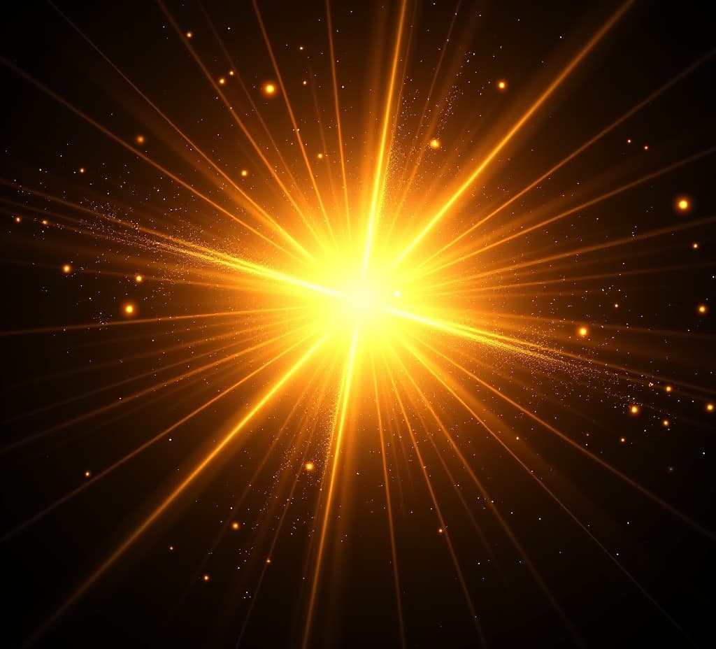  dynamic cosmic eruption: a vibrant yellow celestial explosion on a black background with glittering golden solar flares, digital lens flares, and color balanced beams