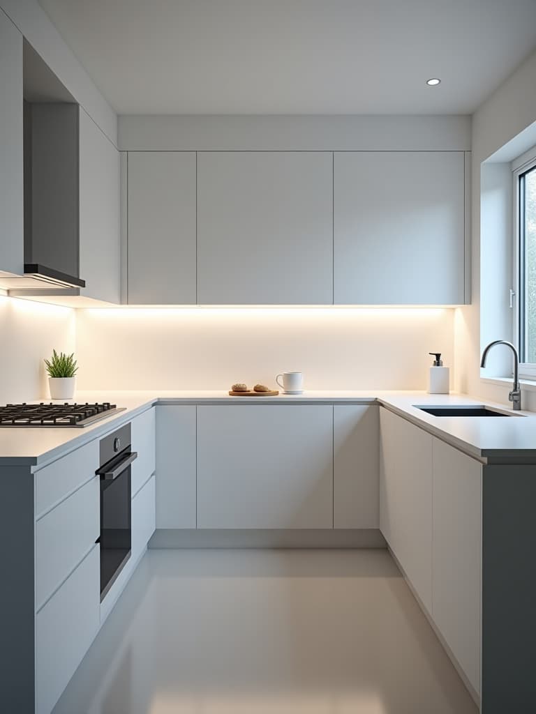  high quality portrait photo of a minimalist white kitchen with recessed led strip lighting along the upper cabinets and under cabinet lighting, creating a clean and bright workspace hyperrealistic, full body, detailed clothing, highly detailed, cinematic lighting, stunningly beautiful, intricate, sharp focus, f/1. 8, 85mm, (centered image composition), (professionally color graded), ((bright soft diffused light)), volumetric fog, trending on instagram, trending on tumblr, HDR 4K, 8K