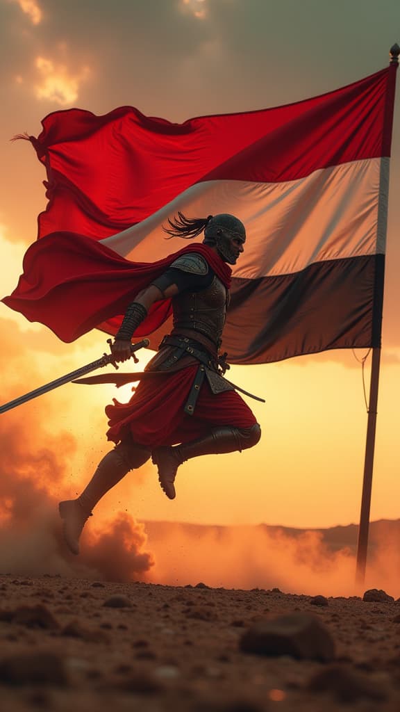  a dynamic action scene set against the backdrop of the yemeni flag, featuring a warrior in traditional attire leaping into the air. they hold a sword, poised for battle, with the vibrant red, white, and black stripes of the flag billowing in the wind behind them. dust rises from the ground as the warrior’s cape flows dramatically, capturing the intensity of the moment. the sky is a dramatic sunset, casting warm tones that contrast with the flag’s colors.