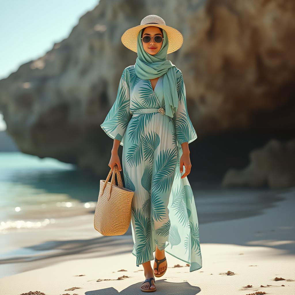  "create a vacation casual hijab outfit with a light, airy cotton hijab in soft mint green, styled in a relaxed, flowy wrap. pair it with a printed maxi dress featuring tropical palm leaf patterns in shades of turquoise and white. add flat espadrille sandals, a wide brimmed straw hat, and a large beach tote. the outfit should be comfortable and stylish for a day out exploring or relaxing by the beach."  hyperrealistic, full body, detailed clothing, highly detailed, cinematic lighting, stunningly beautiful, intricate, sharp focus, f/1. 8, 85mm, (centered image composition), (professionally color graded), ((bright soft diffused light)), volumetric fog, trending on instagram, trending on tumblr, HDR 4K, 8K