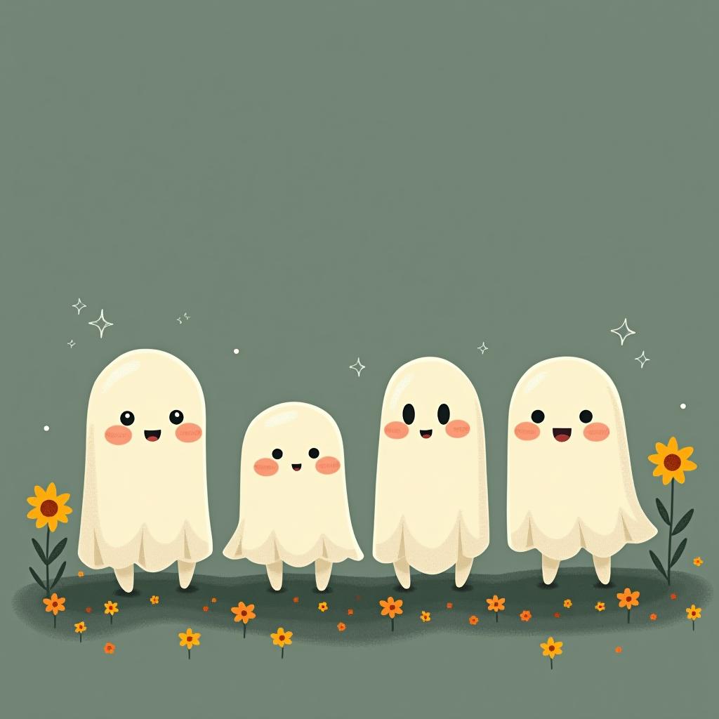  create a digital illustration featuring a row of four or five cute, cartoonish ghost characters, each with a different appearance, standing in different positions within sparse, life like wildflowers.