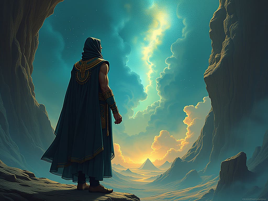  venerated philosopher standing at the edge of reality and dreams, ethereal landscape around him, symbolizing the thin veil between reality and dreams. the style is digital art illustration / modern comic book / mysterious occult, symbolic, esoteric vibe,high detail on character design, incorporating ancient egyptian symbology and attire.