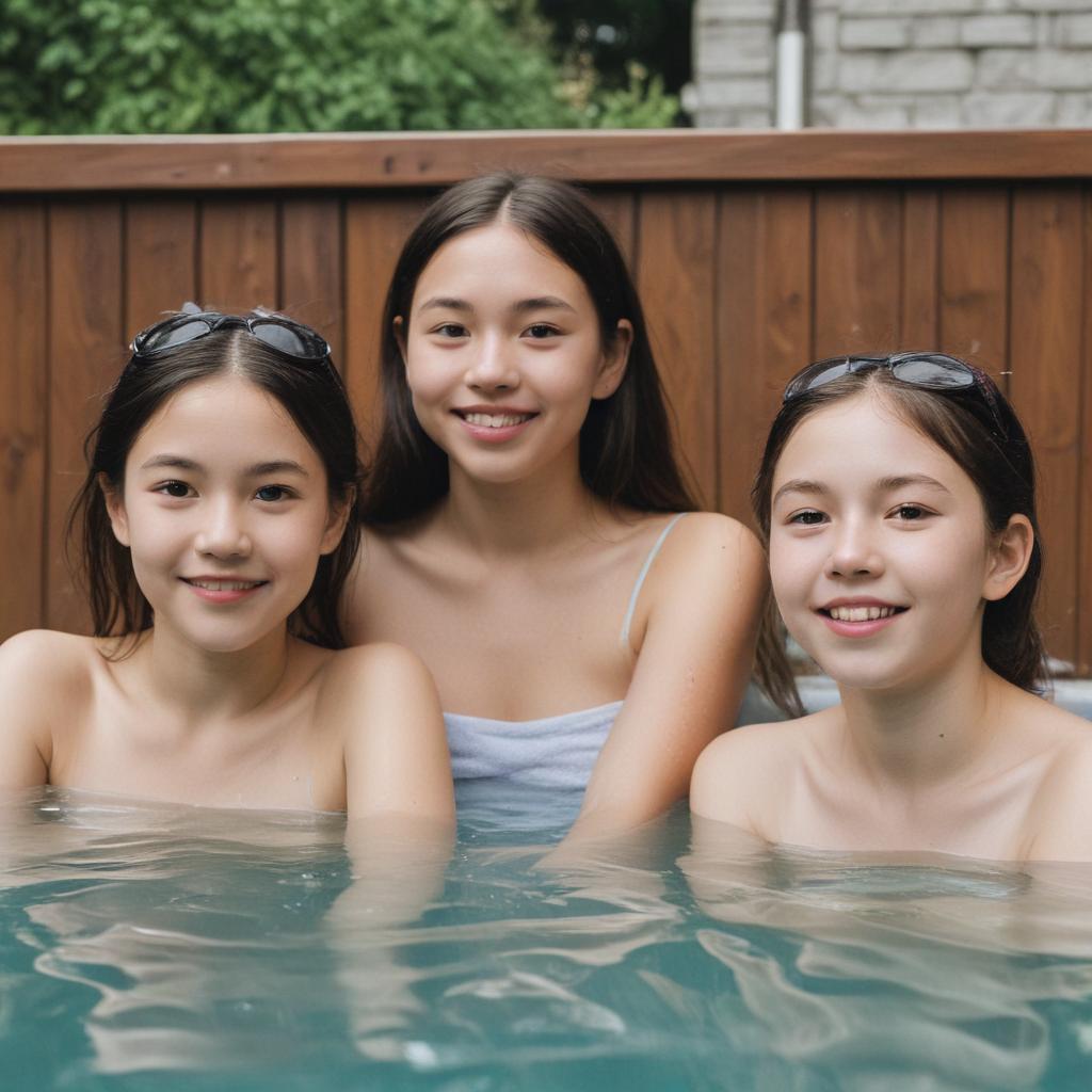 an an asian tween , an irish tween , and a tween sitting in a hot tub together