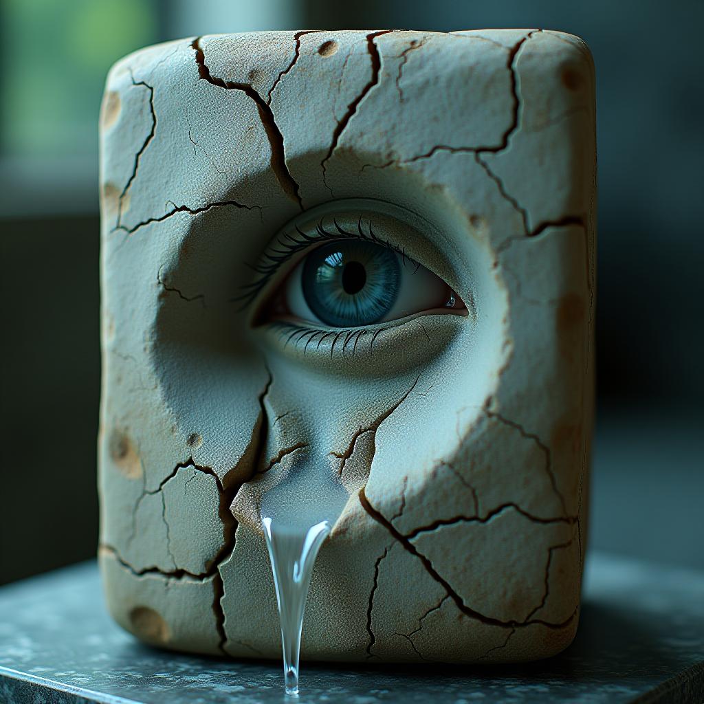  cinematic photo a block of stone, the left half of the block has been carved into a realistic beautiful woman's face, from the eye pours a waterfall the stone is covered in tiny cracks, the eye is a real photorealistic eye . 35mm photograph, film, bokeh, professional, 4k, highly detailed