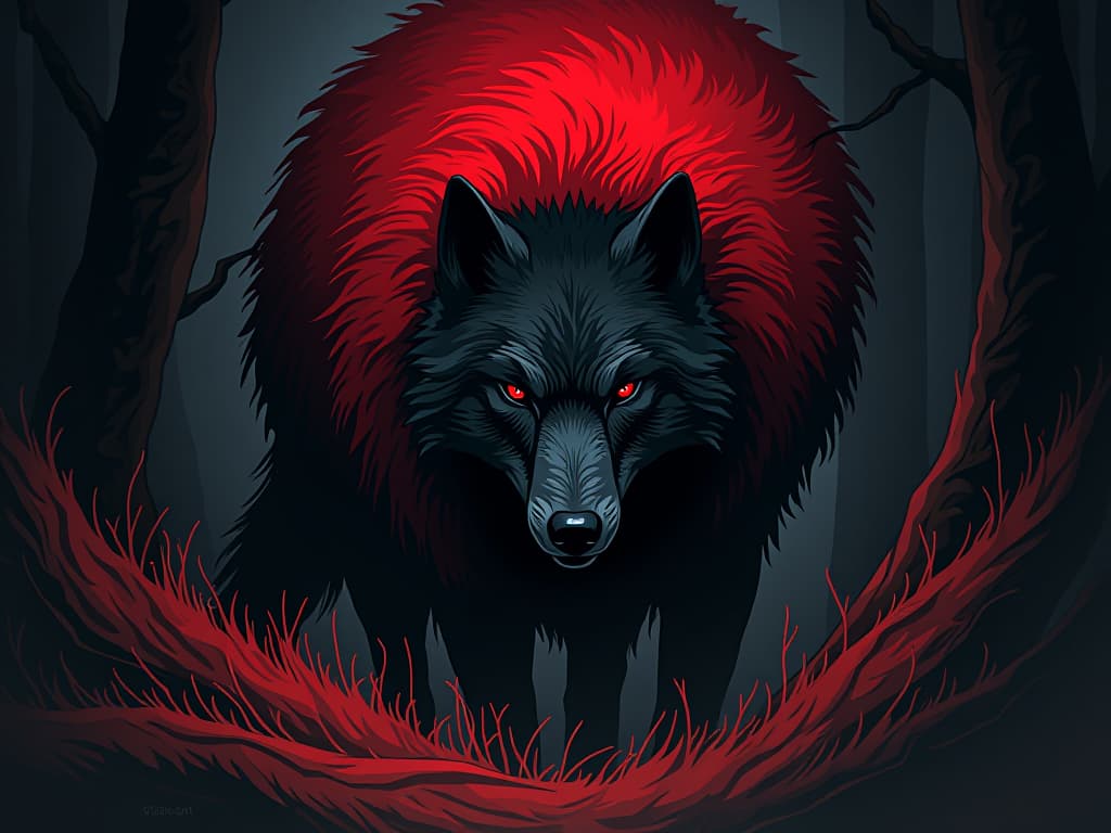  wolf camouflaged in a red sheepskin, lurking in shadows, eyes glinting with devious intent. the style is digital art illustration / modern comic book / graphic dark novel fantasy and mysterious occult, symbolic, moody lighting, esoteric vibe,high detail on character design. for the color scheme emphasize blacks and reds.