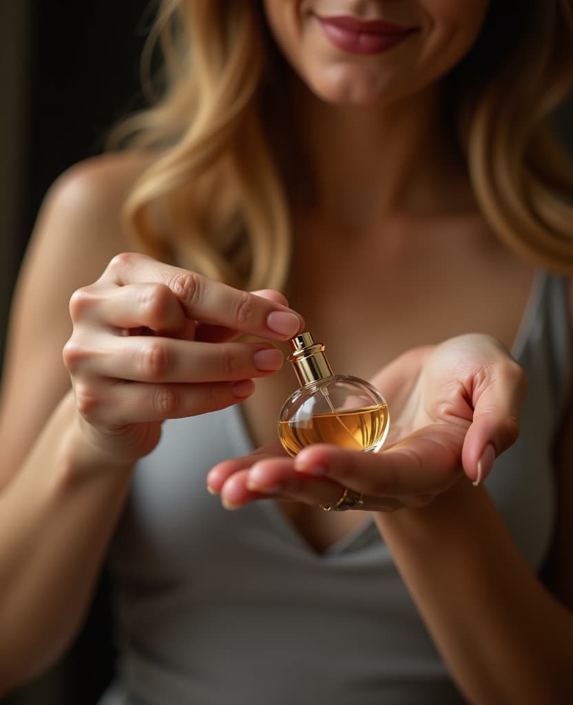  hdr photo of a woman applies a small amount of perfume to her wrist, hands, a small bottle, application, close up . high dynamic range, vivid, rich details, clear shadows and highlights, realistic, intense, enhanced contrast, highly detailed