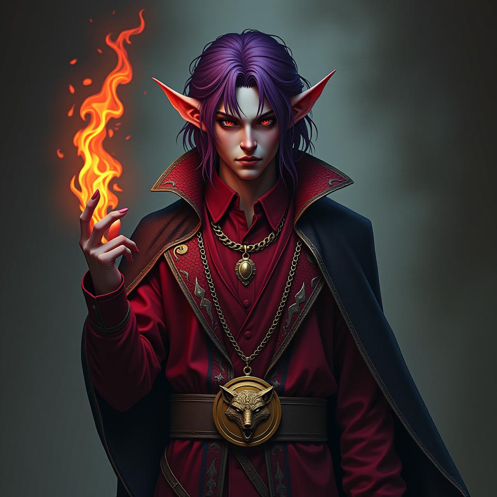  horror themed ringo the warlock is depicted in full height with a burning alo purple flame in his hand a young mature dark male elf with marble white skin, purple scarlet hair, ringo wears a disheveled hairstyle of medium length, pointed ear tips, lavender red eyes, dressed in a burgundy shirt with in addition, he wears a dark red snake skin jacket with silver embroidery in the form of flame tongues, purpletones of medium sized skin, and right skinned sergoes in a red leg. ringo wears a gold chain with a medium sized gold medallion around his neck. the medallion depicts an angry smirking fox face, ringo has a relative, a younger brother, a young dark elf amroth, . eerie, unsettling, dark, spooky, suspenseful, grim, highly detailed