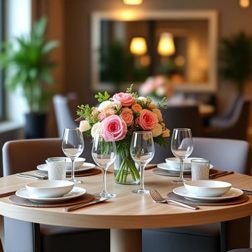  a beautifully set dining table with elegant dinnerware, sparkling glassware, and a centerpiece of fresh flowers, set in a well decorated dining area with modern furniture and stylish lighting.