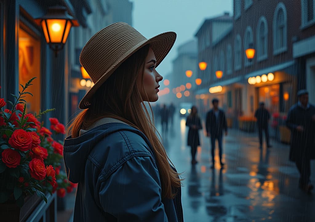  oil painting art, beautiful girl and flowers, on the dark street, raining and storming dayhyper detail, intricate details, sharp focus, high resolution, 8k, ultra detailed, vib