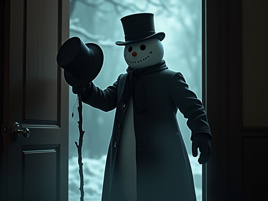  a gloomy big snowman entered the room, he was dressed in a pitch black coat, a black top hat in his hand clutching an umbrella cane, his eyes were painted in charcoal like his mouth, his nose was a tree branch hyperrealistic, full body, detailed clothing, highly detailed, cinematic lighting, stunningly beautiful, intricate, sharp focus, f/1. 8, 85mm, (centered image composition), (professionally color graded), ((bright soft diffused light)), volumetric fog, trending on instagram, trending on tumblr, HDR 4K, 8K