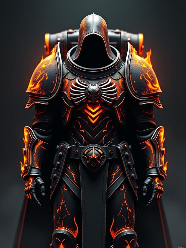  space themed dark silueth of armored shadow, warhammer 40000 reference, space marine, legion of damned, covered in orange flame, bones ornamets on black armor, black space on background . cosmic, celestial, stars, galaxies, nebulas, planets, science fiction, highly detailed hyperrealistic, full body, detailed clothing, highly detailed, cinematic lighting, stunningly beautiful, intricate, sharp focus, f/1. 8, 85mm, (centered image composition), (professionally color graded), ((bright soft diffused light)), volumetric fog, trending on instagram, trending on tumblr, HDR 4K, 8K