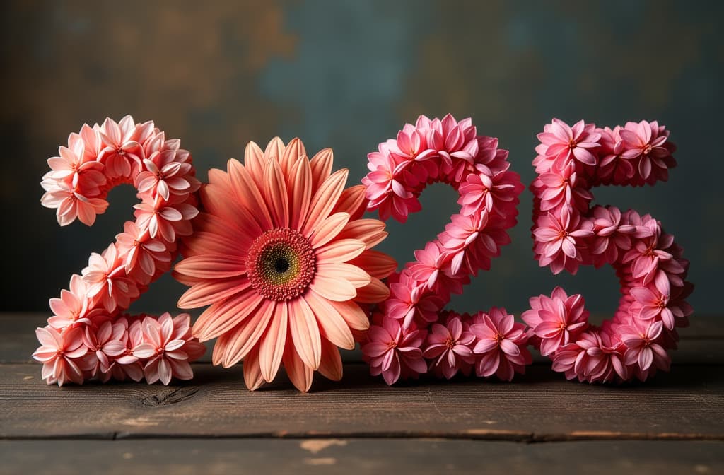  professional detailed photography, front view, gerbera arrangement in the shape of the letter "2025", festive background , (muted colors, dim colors, soothing tones), (vsco:0.3)