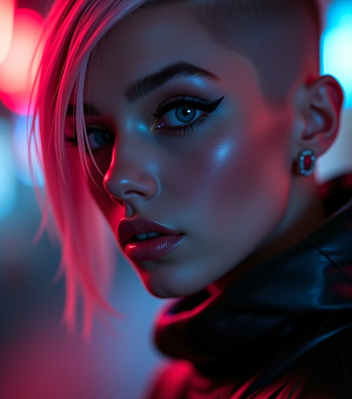  ultra realistic close up portrait ((beautiful pale cyberpunk female with heavy black eyeliner)), blue eyes, shaved side haircut, hyper detail, cinematic lighting, magic neon, dark red city, canon eos r3, nikon, f/1.4, iso 200, 1/160s, 8k, raw, unedited, symmetrical balance, in frame, 8k hyperrealistic, full body, detailed clothing, highly detailed, cinematic lighting, stunningly beautiful, intricate, sharp focus, f/1. 8, 85mm, (centered image composition), (professionally color graded), ((bright soft diffused light)), volumetric fog, trending on instagram, trending on tumblr, HDR 4K, 8K