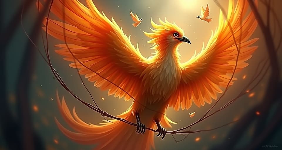  a majestic phoenix with radiant feathers caught in a web of dark, enchanted threads. despite its magnificent strength, it appears entrapped, its fiery gaze filled with determination. ethereal figures float around, observing the struggle intently.. the style is digital art illustration,highly detailed, whimsical,magical, dreamlike atmosphere, realism and fantasy blend, smooth, glossy textures,luminous quality, wonder and enchantment.