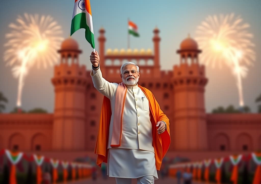  create a realistic and clear image of narendra modi celebrating 'happy independence day of india' in 2024. he is dressed in traditional indian attire, including a white kurta and a saffron colored shawl. narendra modi is standing proudly with the indian flag in hand, positioned in front of a backdrop featuring the red fort, which is adorned with the tricolor flag. the scene should have a festive atmosphere with vibrant decorations, numerous indian flags, and fireworks lighting up the evening sky. the text 'happy independence day of india 2024' should be subtly integrated into the image, and the overall image should be sharp and clear with no blur.