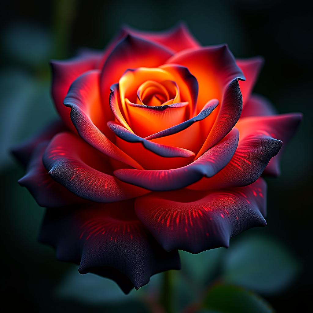  fire and ice rose, a marvel of nature that captivates with its dramatic blooms. the fiery red and orange petals, edged in black, create a stunning visual contrast