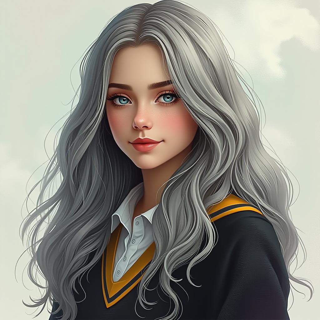  eileen fletcher hair long wavy silver ,eyes light blue age 18 halfblood protronus : bobcat hogwarts house : huffle puff (black ,yellow and grey ) (harry potter style) 5’4 (female big chested ), award winning, professional, highly detailed, masterpiece