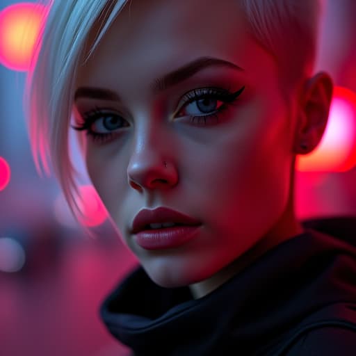  ultra realistic close up portrait ((beautiful pale cyberpunk female with heavy black eyeliner)), blue eyes, shaved side haircut, hyper detail, cinematic lighting, magic neon, dark red city, canon eos r3, nikon, f/1.4, iso 200, 1/160s, 8k, raw, unedited, symmetrical balance, in frame, 8k hyperrealistic, full body, detailed clothing, highly detailed, cinematic lighting, stunningly beautiful, intricate, sharp focus, f/1. 8, 85mm, (centered image composition), (professionally color graded), ((bright soft diffused light)), volumetric fog, trending on instagram, trending on tumblr, HDR 4K, 8K