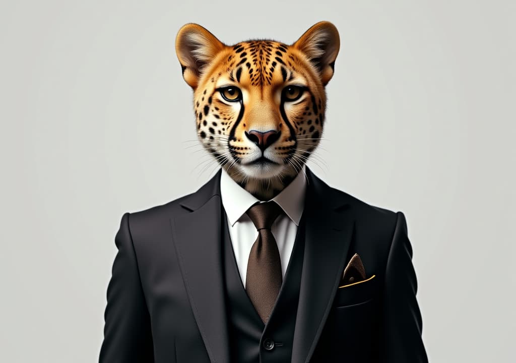  cheetah or leopard dressed in an elegant and modern suit with a nice tie. fashion portrait of an anthropomorphic animal, feline, shooted in a charismatic human attitude