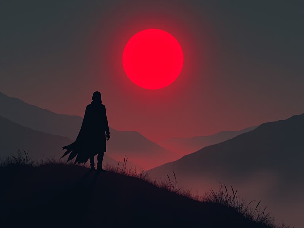  ethereal silhouette in red aura, standing on hilltop, overlooking misty valley, sense of self discovery. the style is digital art illustration / modern comic book / graphic dark novel fantasy and mysterious occult, symbolic, moody lighting, esoteric vibe,high detail on character design. for the color scheme emphasize blacks and reds.