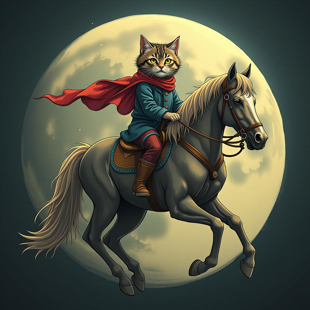  a cat riding a horse, hand drawn, on the moon, studio light, hdr 4k hyperrealistic, full body, detailed clothing, highly detailed, cinematic lighting, stunningly beautiful, intricate, sharp focus, f/1. 8, 85mm, (centered image composition), (professionally color graded), ((bright soft diffused light)), volumetric fog, trending on instagram, trending on tumblr, HDR 4K, 8K